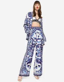 Majolica-print twill pants