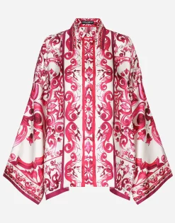 Majolica-print twill shirt with slits