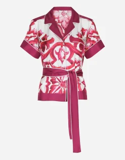 Majolica-print twill shirt with belt