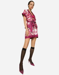 Majolica-print twill shirt with belt