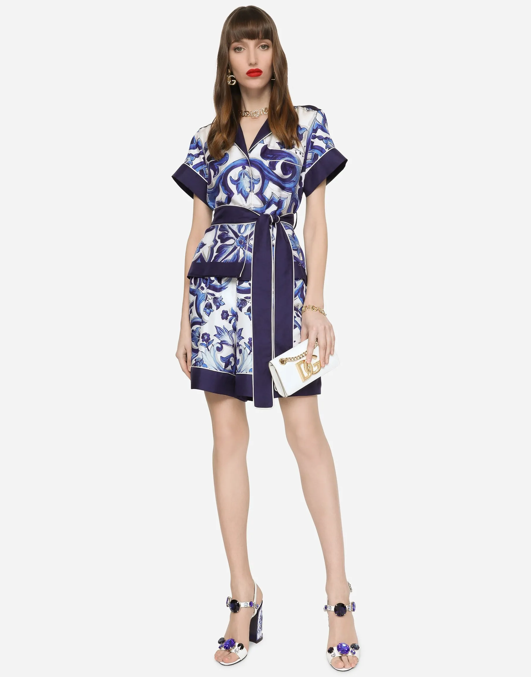 Majolica-print twill shirt with belt