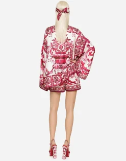 Majolica-print twill shirt with slits