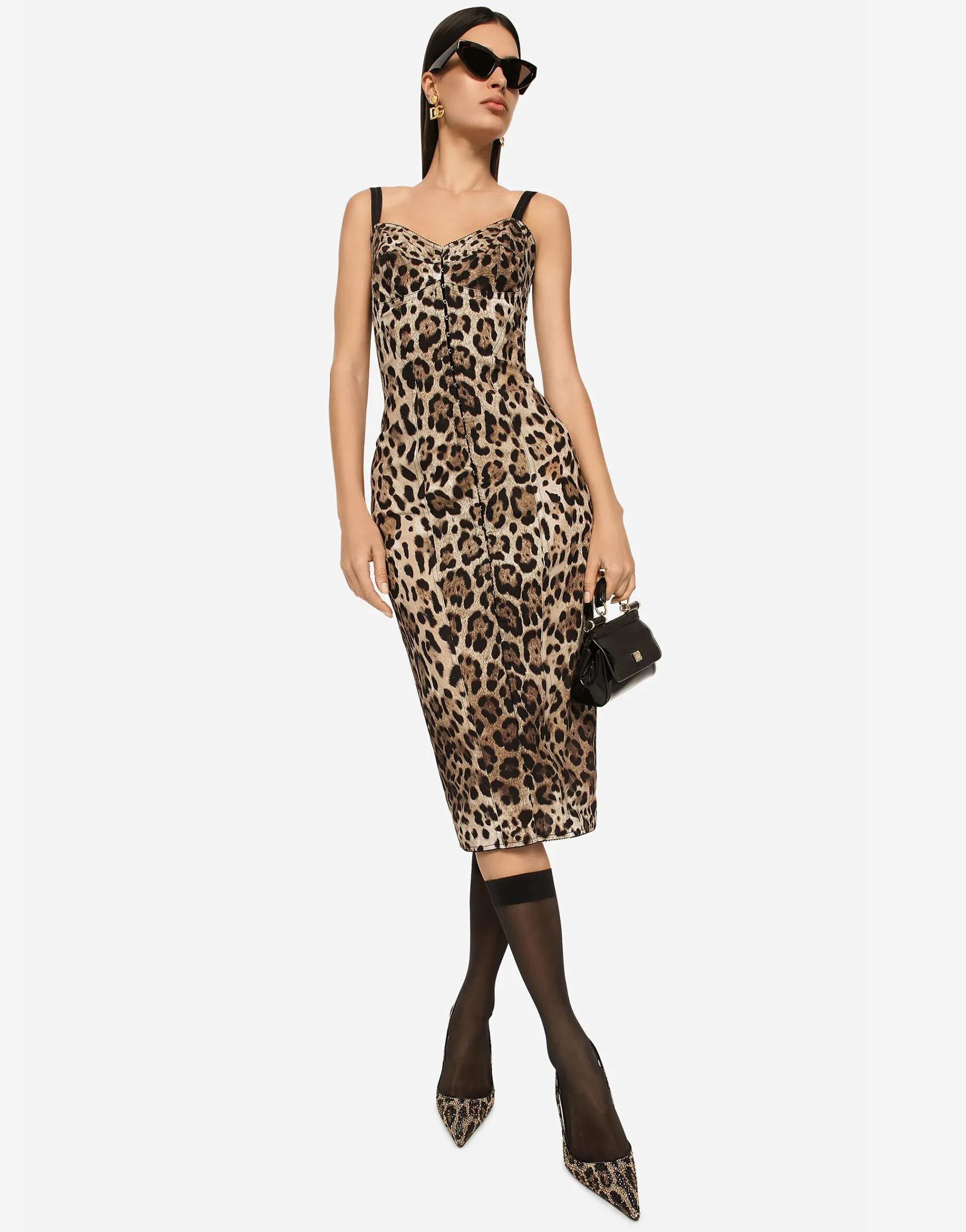 Marquisette calf-length dress with leopard print
