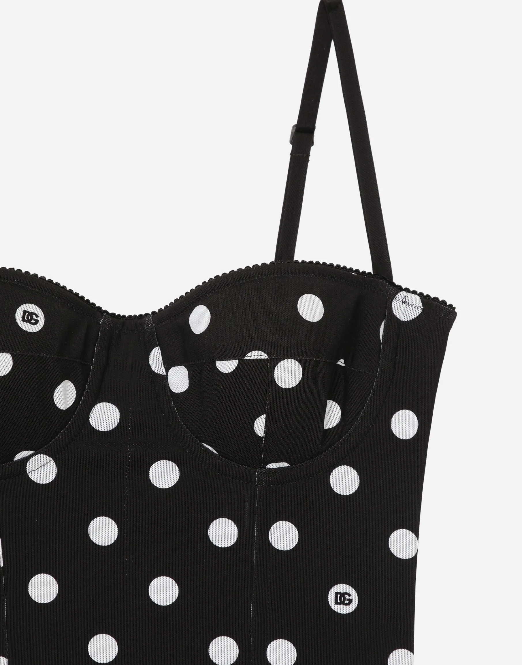 Marquisette sheath dress with polka-dot print and corset details