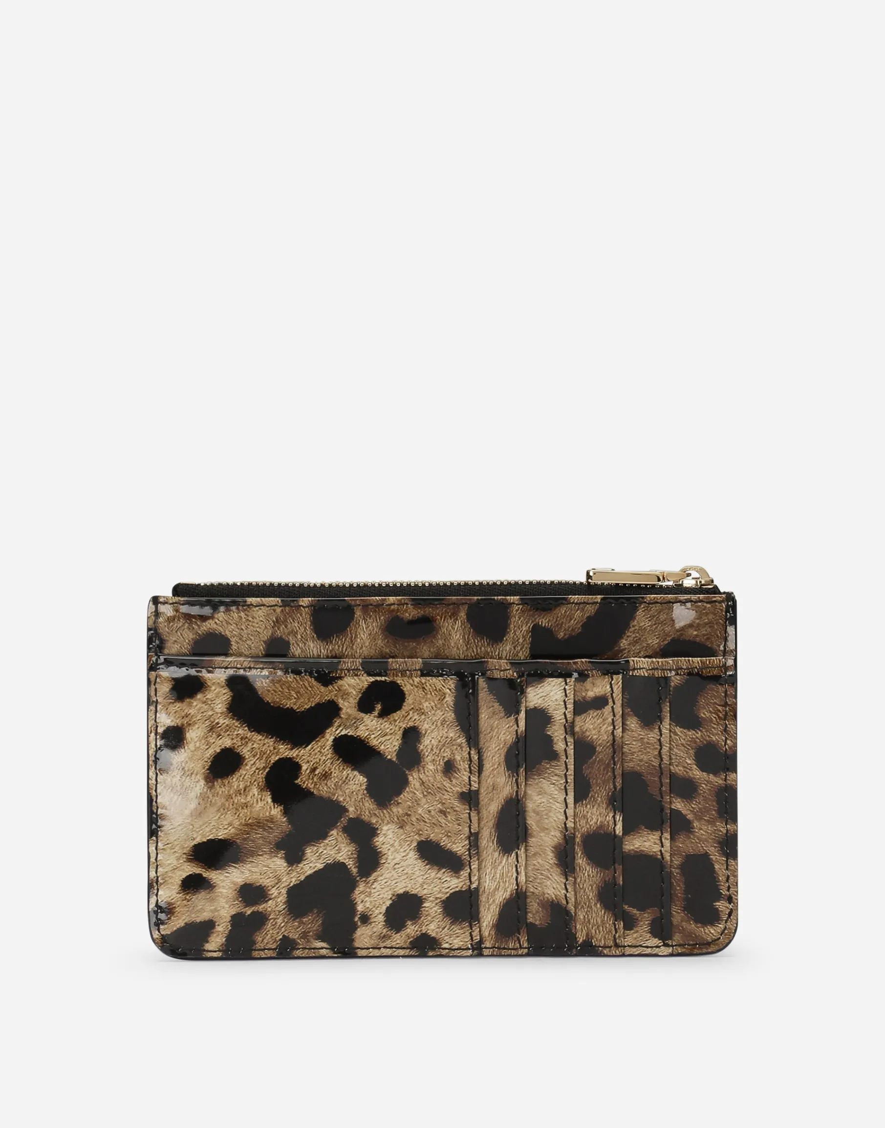 Medium leopard-print polished calfskin card holder with zipper