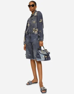 Medium patchwork denim Sicily soft bag with embroidery