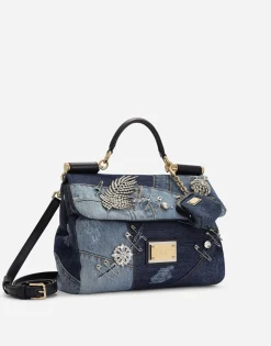Medium patchwork denim Sicily soft bag with embroidery