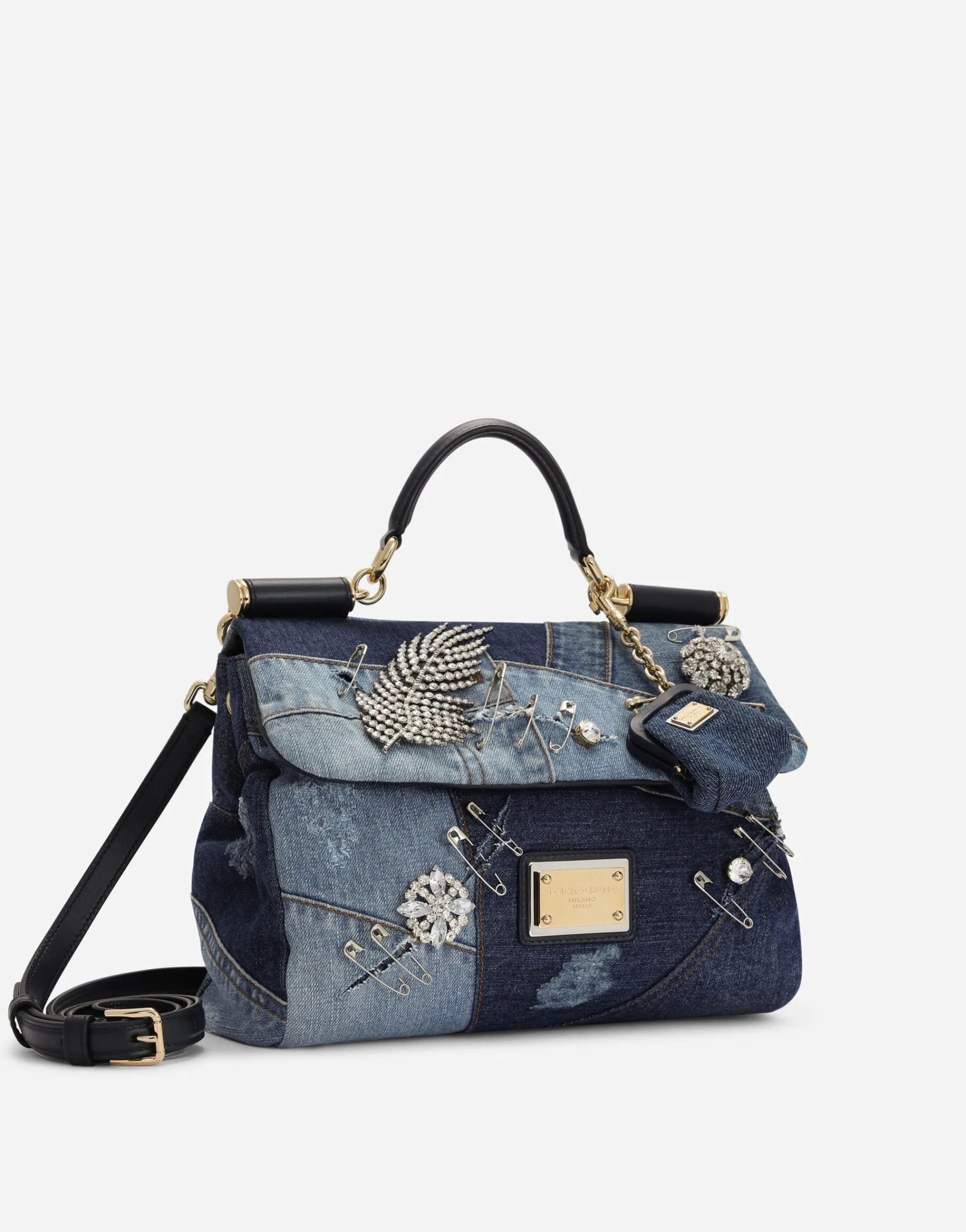 Medium patchwork denim Sicily soft bag with embroidery