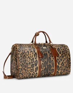 Medium travel bag in leopard-print Crespo with branded plate
