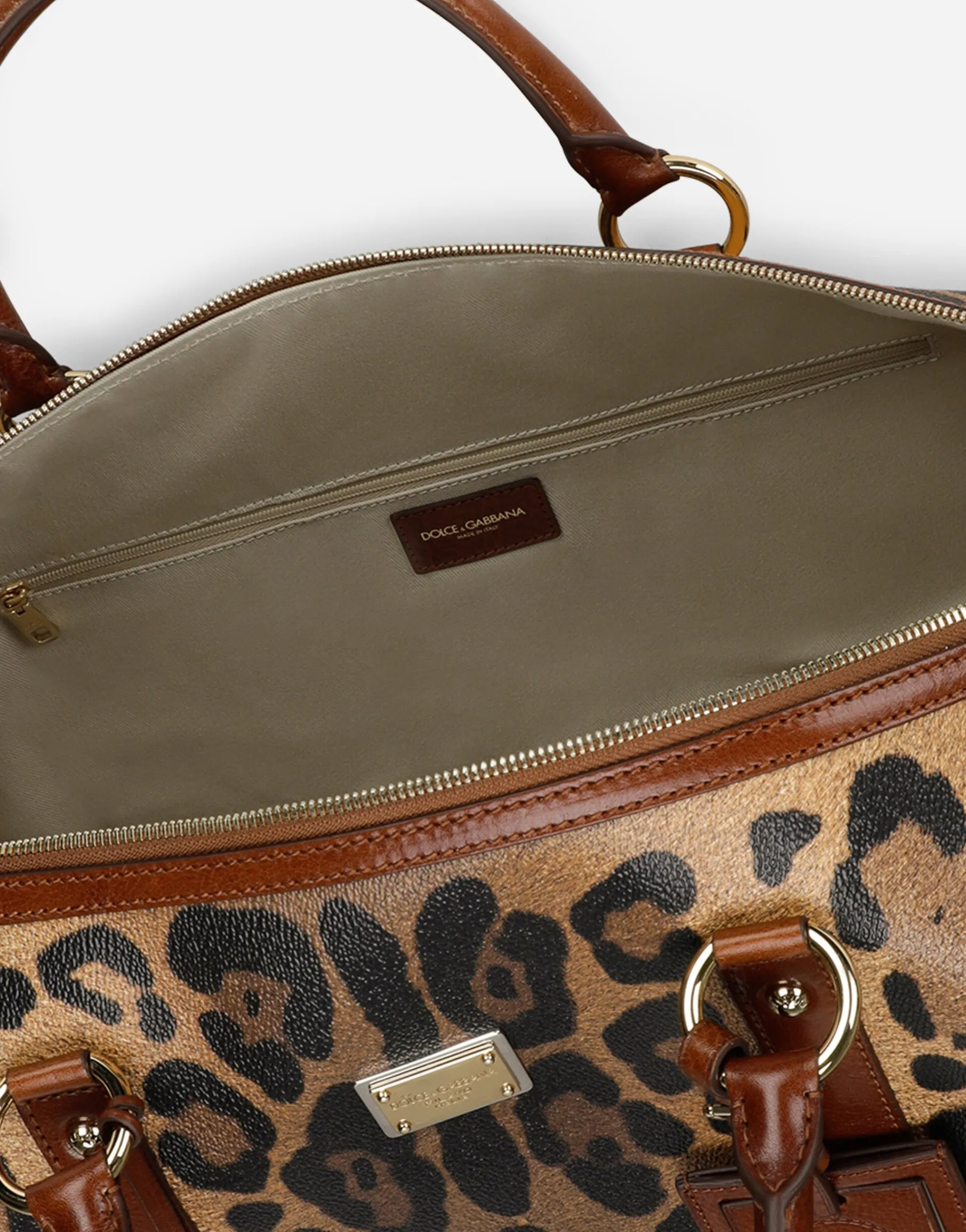 Medium travel bag in leopard-print Crespo with branded plate