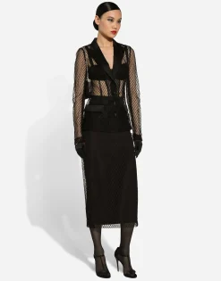 Mesh calf-length pencil skirt