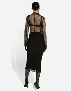 Mesh calf-length pencil skirt