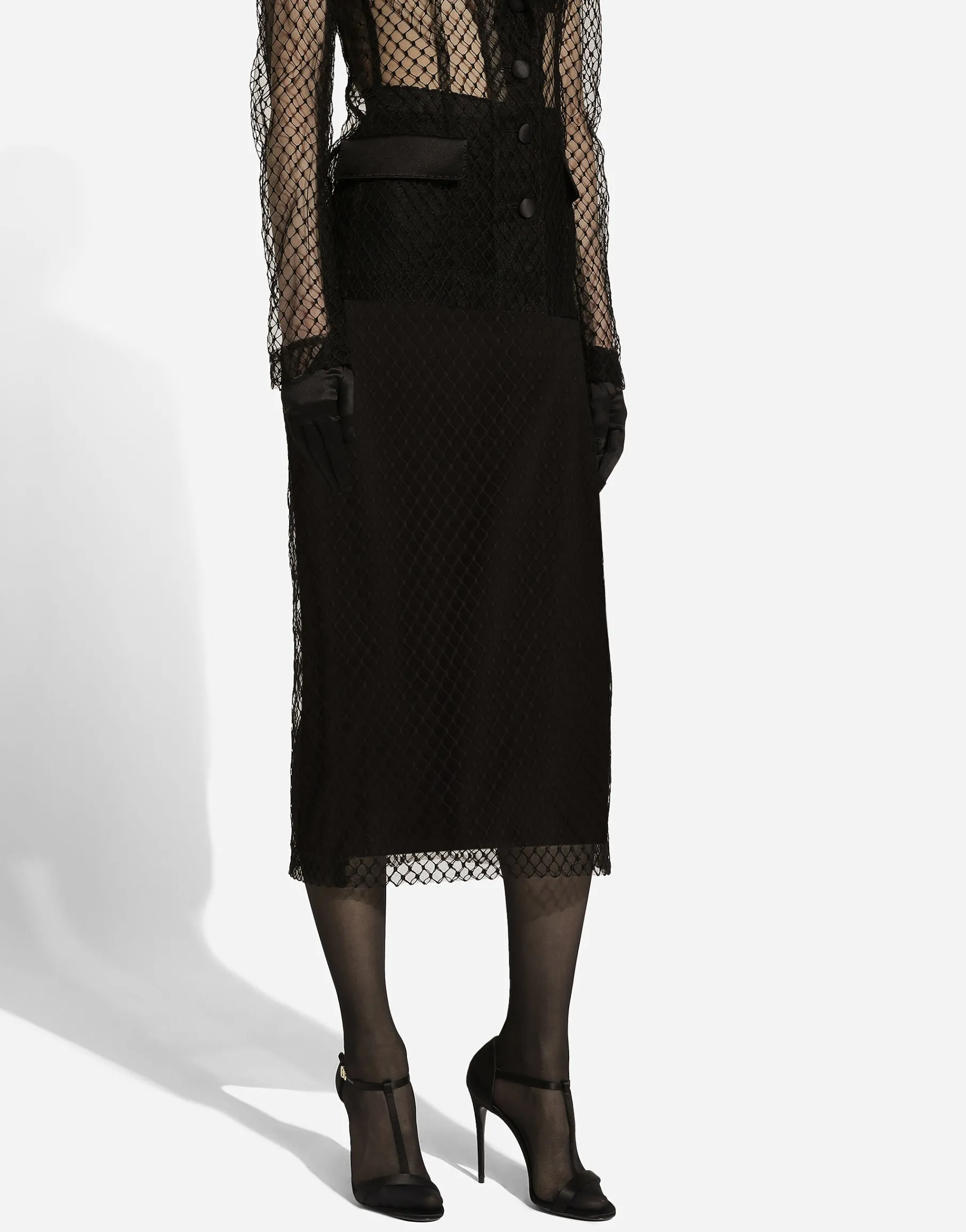 Mesh calf-length pencil skirt