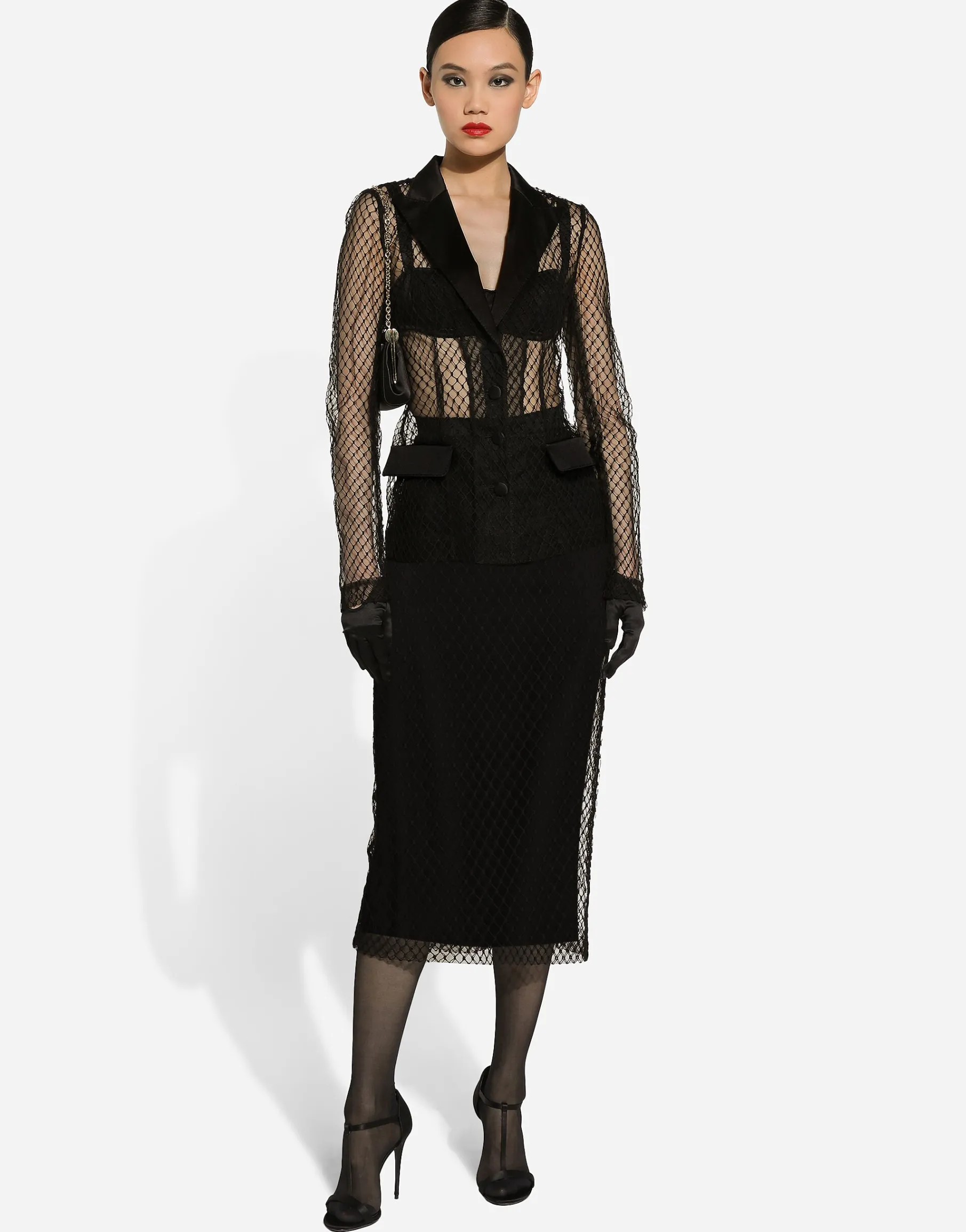 Mesh calf-length pencil skirt