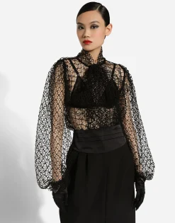 Mesh pussy-bow blouse