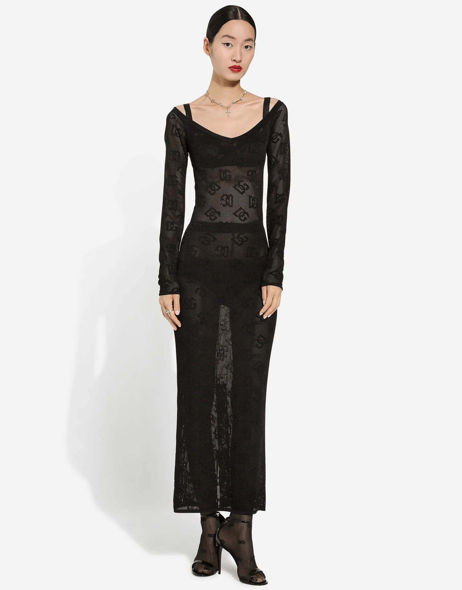 Mesh-stitch sheath dress with jacquard DG logo