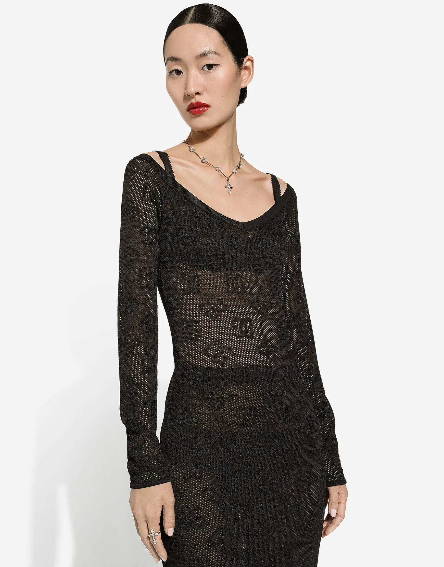 Mesh-stitch sheath dress with jacquard DG logo