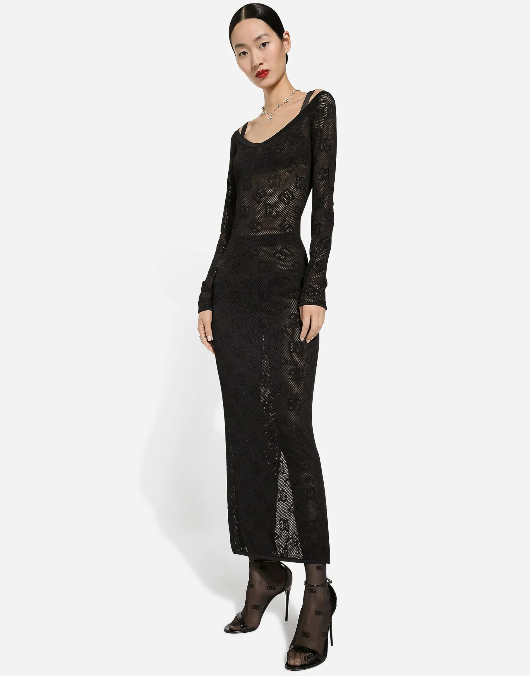 Mesh-stitch sheath dress with jacquard DG logo