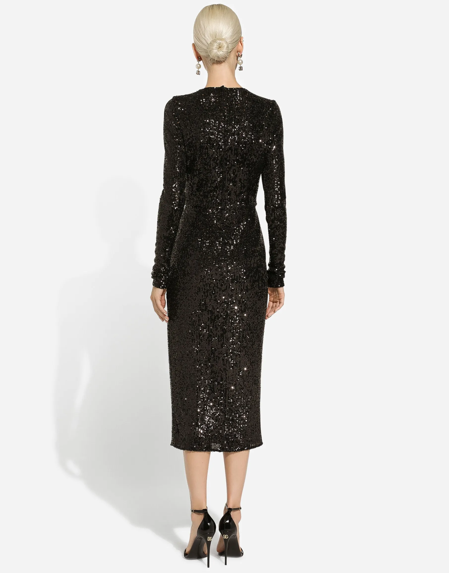 Micro-sequined calf-length dress