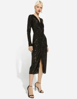 Micro-sequined calf-length dress