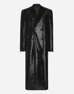 Micro-sequined double-breasted coat