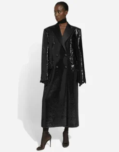 Micro-sequined double-breasted coat