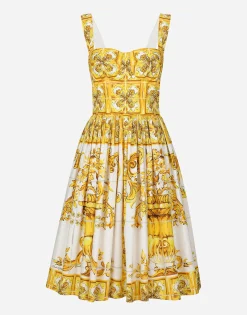 Midi corset dress in cotton poplin with majolica print