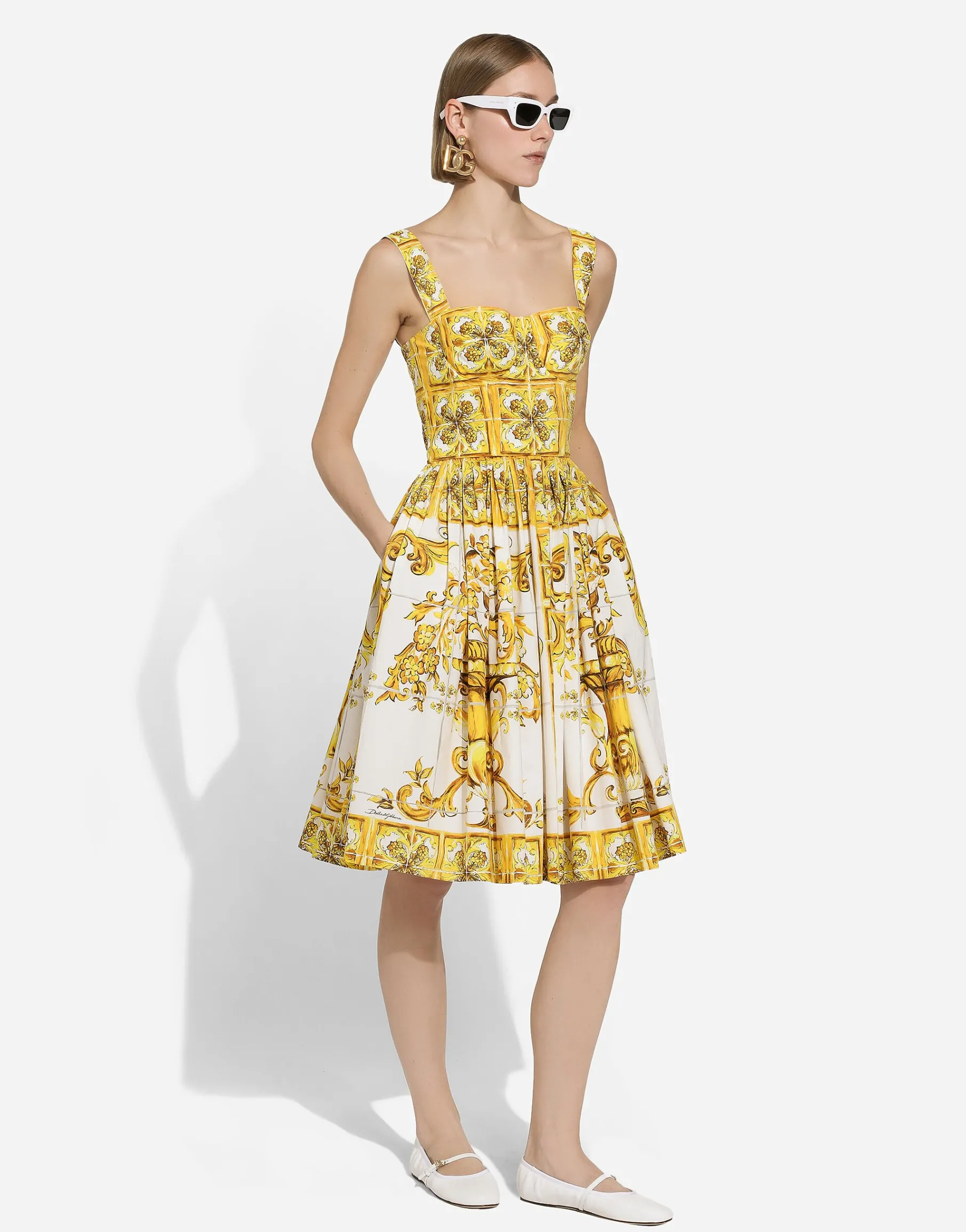 Midi corset dress in cotton poplin with majolica print