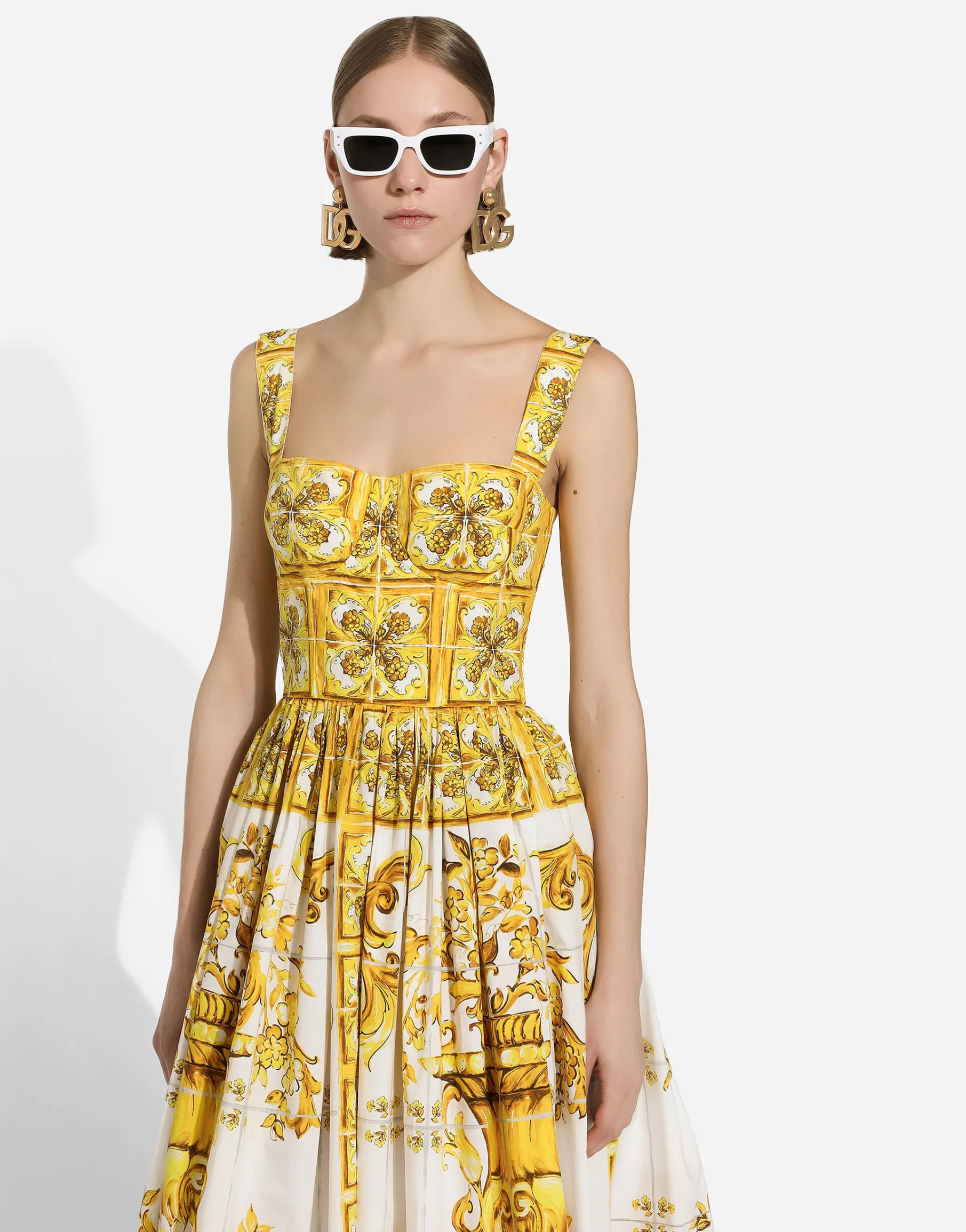 Midi corset dress in cotton poplin with majolica print