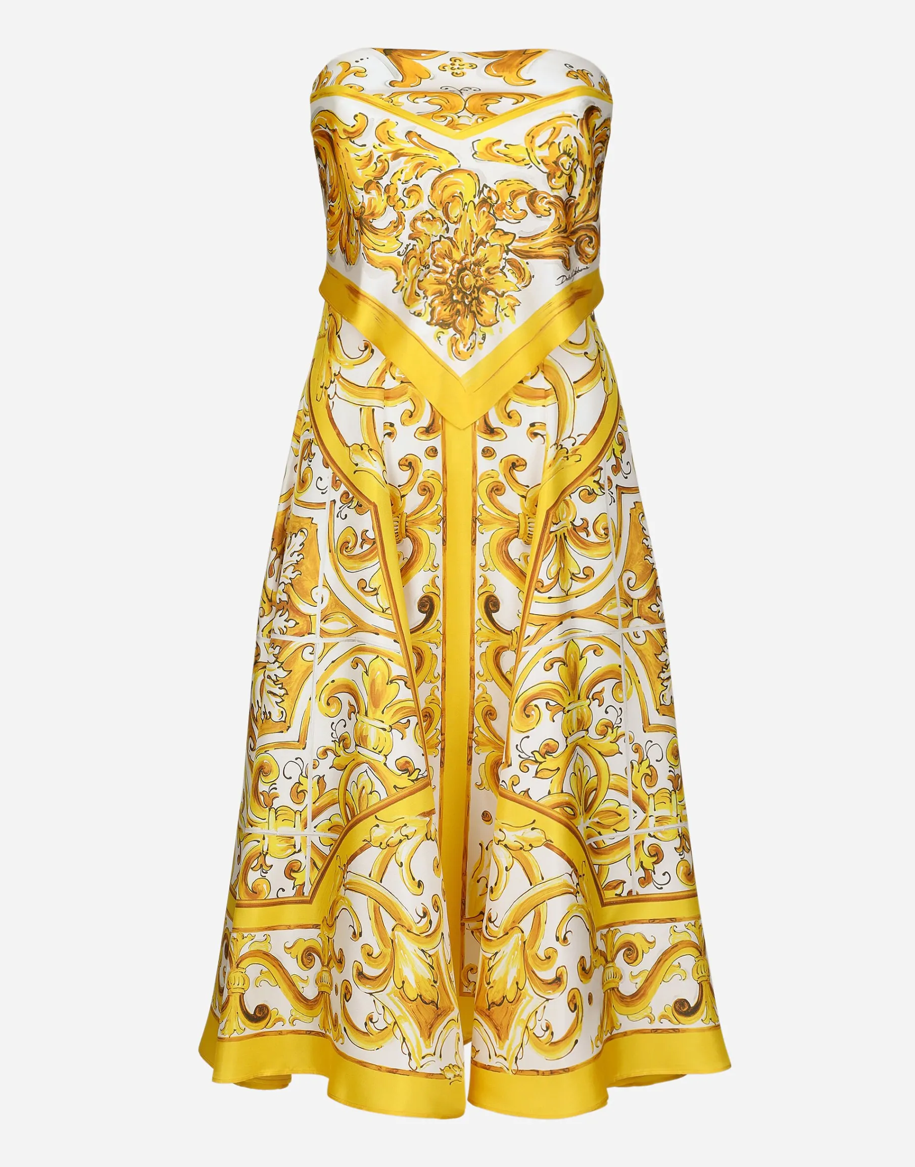 Midi dress with foulard effect in majolica-print silk charmeuse