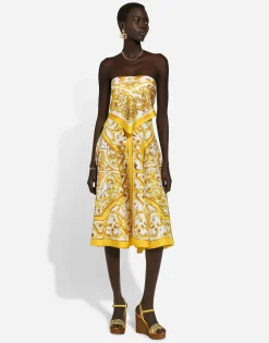 Midi dress with foulard effect in majolica-print silk charmeuse