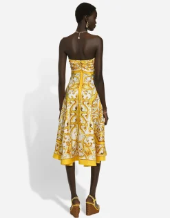 Midi dress with foulard effect in majolica-print silk charmeuse