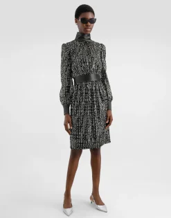 Midi dress with vertical sequin stripe embroidery