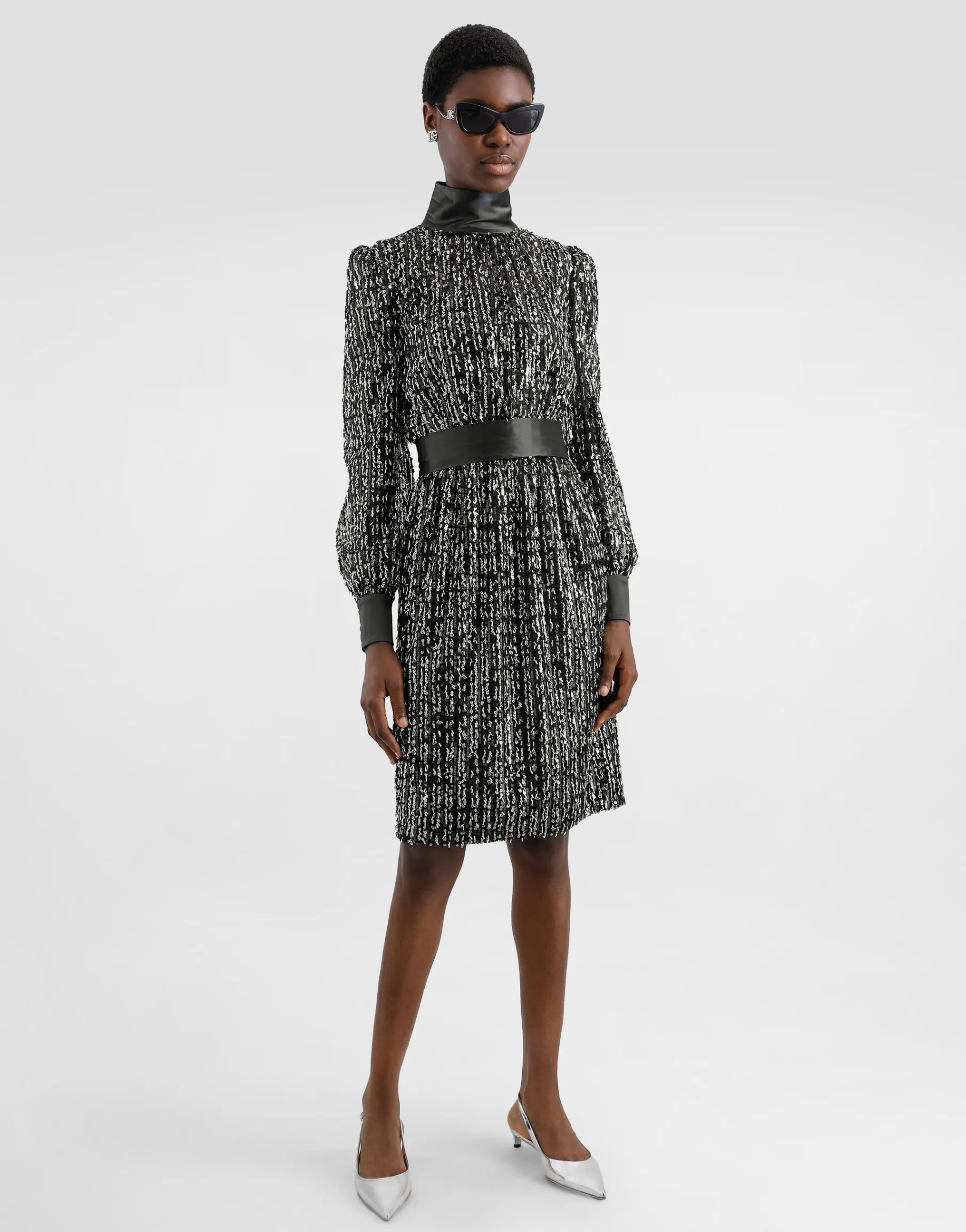 Midi dress with vertical sequin stripe embroidery