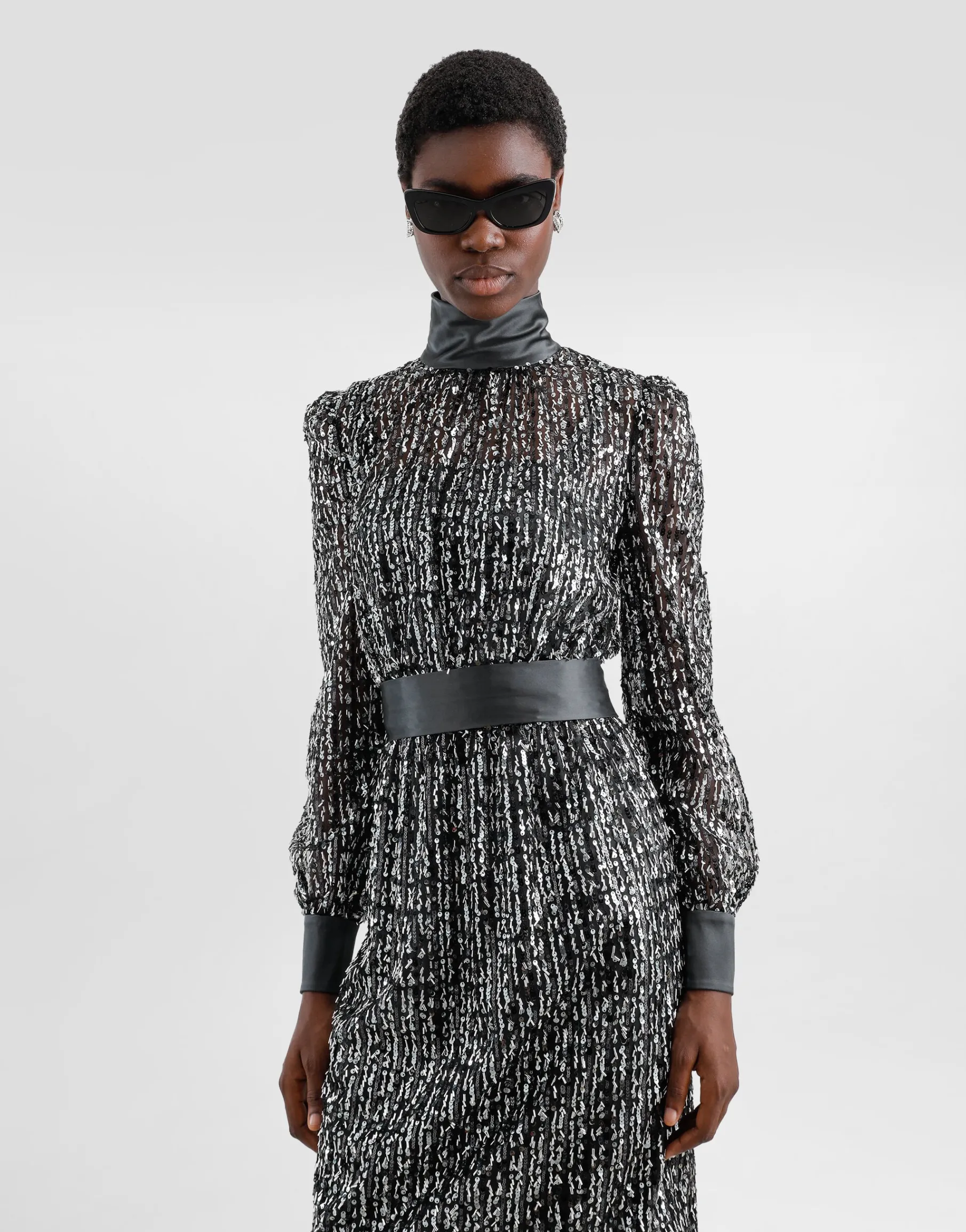 Midi dress with vertical sequin stripe embroidery