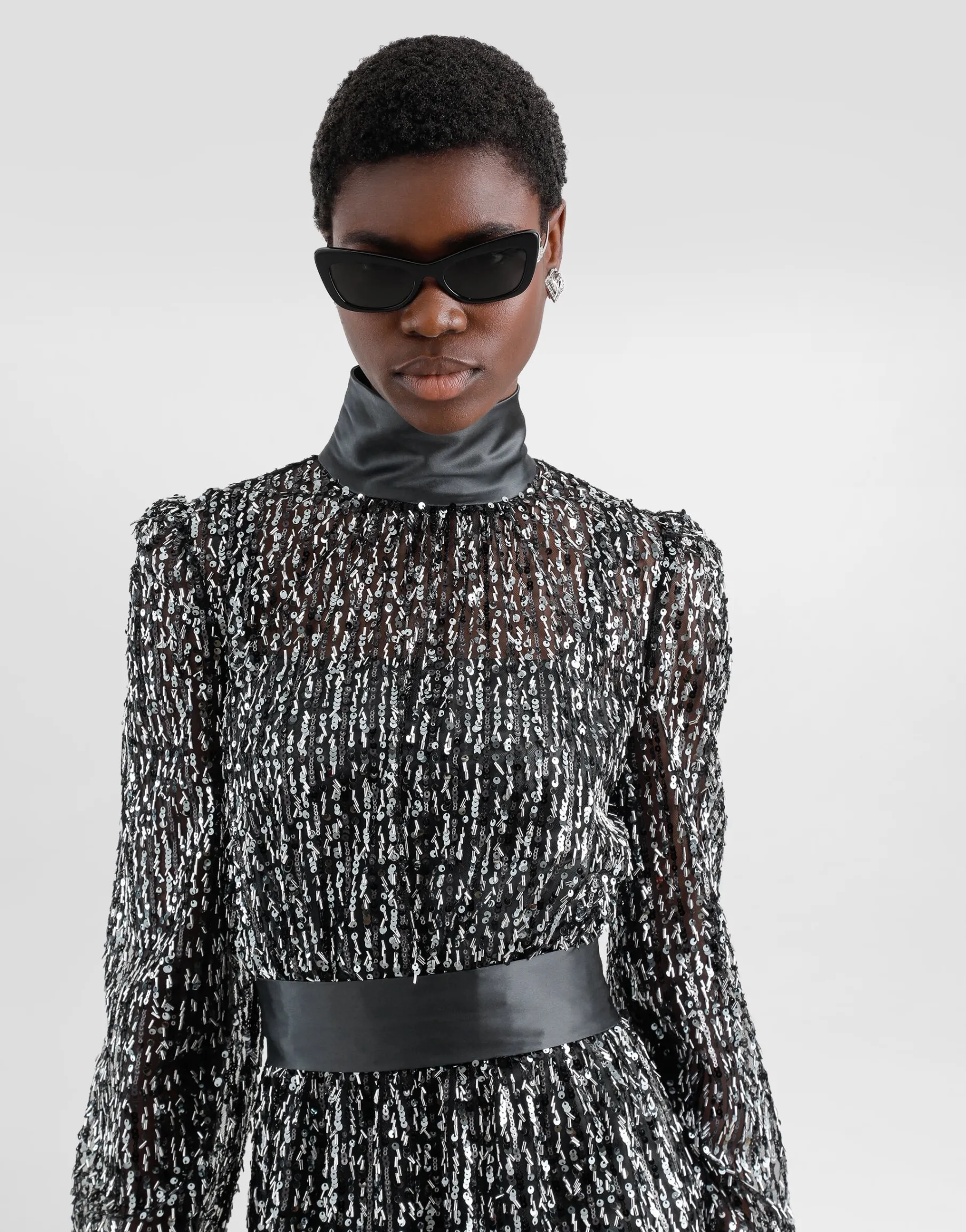 Midi dress with vertical sequin stripe embroidery