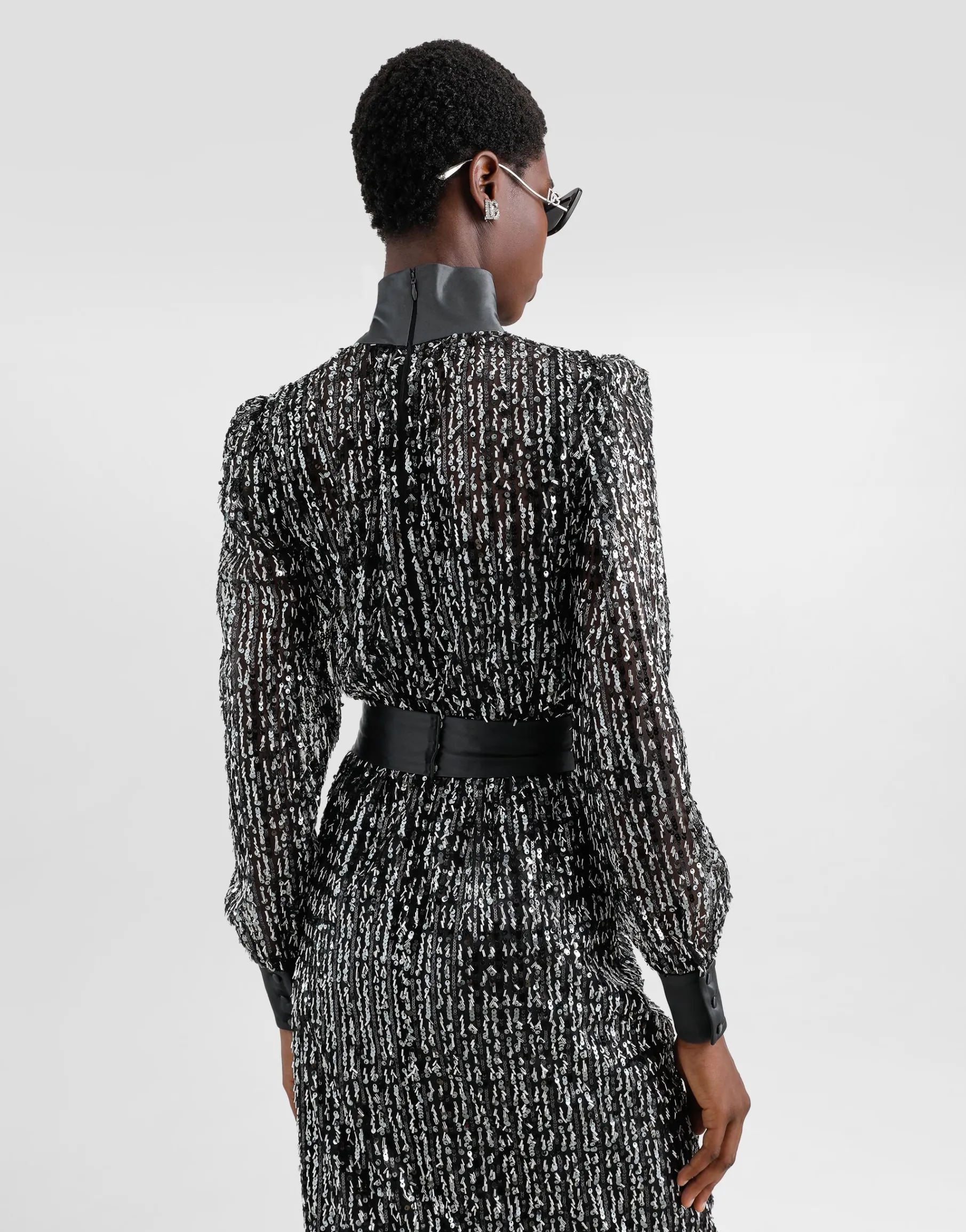 Midi dress with vertical sequin stripe embroidery