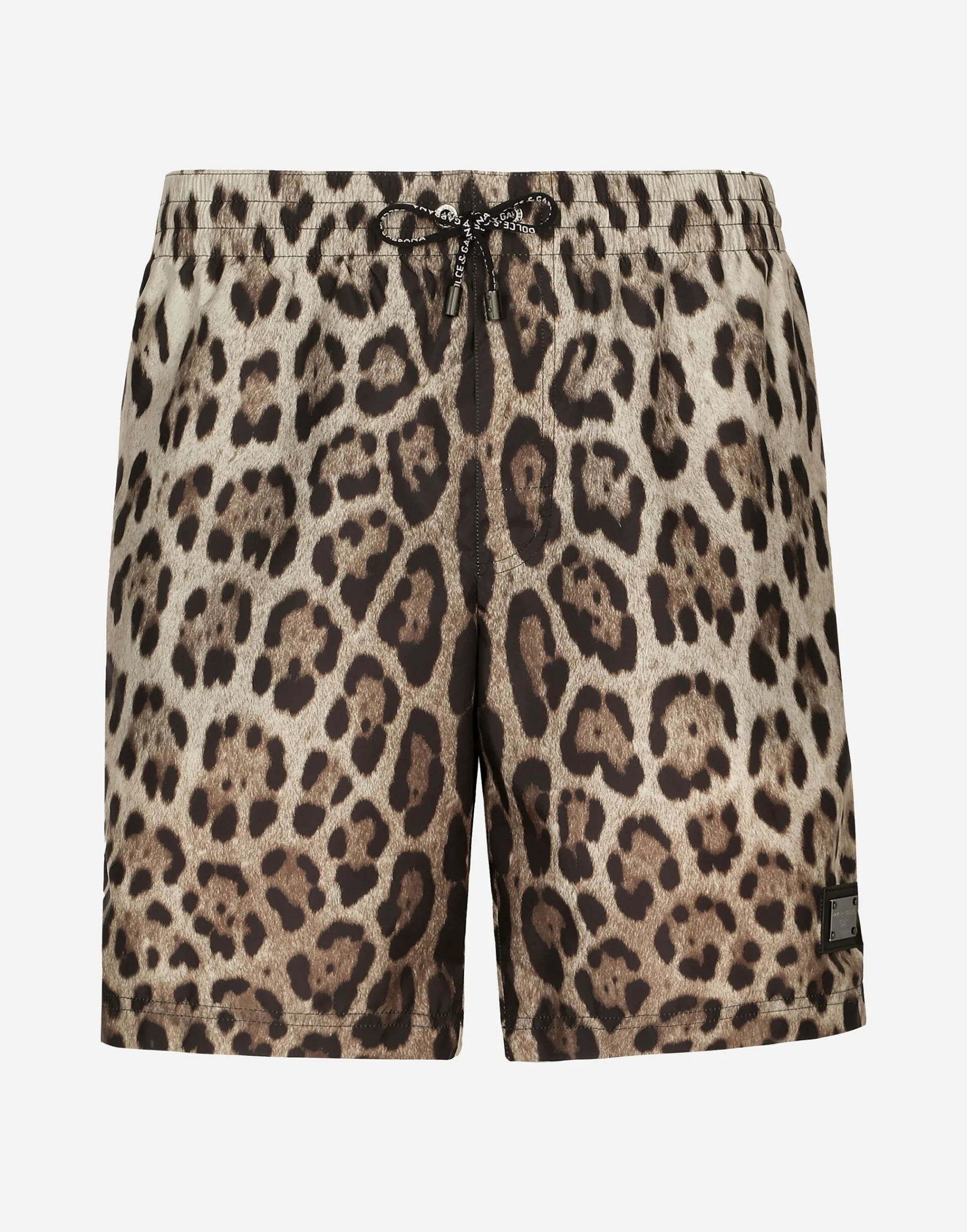 Mid-length swim trunks with leopard print