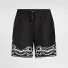 Mid-length swim trunks with bandanna print