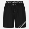 Mid-length swim trunks with branded band