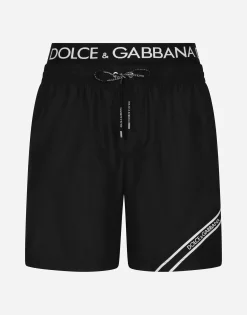 Mid-length swim trunks with branded band