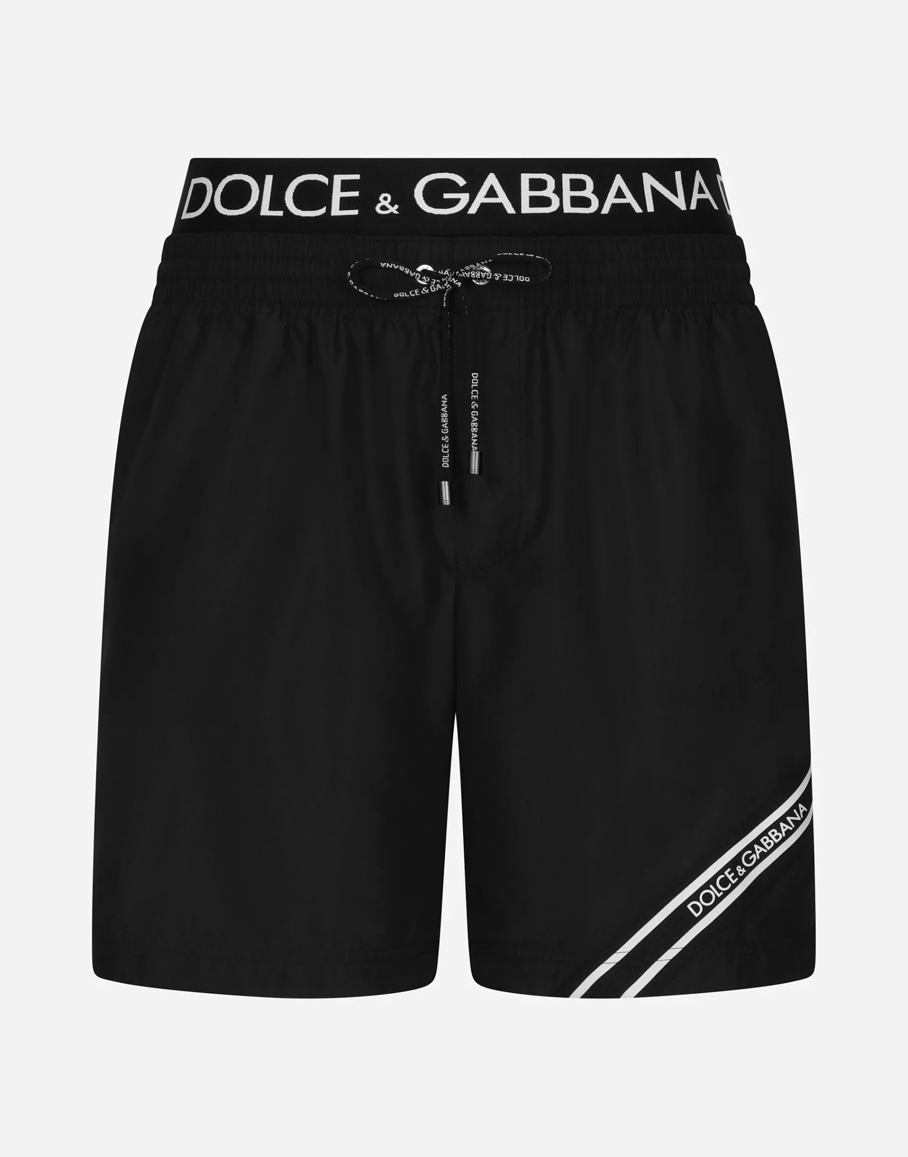 Mid-length swim trunks with branded band