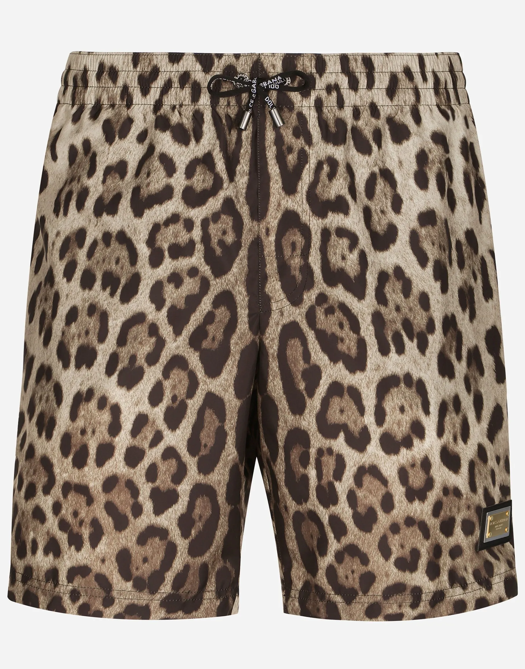 Mid-length swim trunks with leopard print