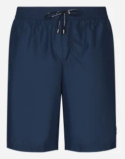 Mid-length swim trunks with branded plate