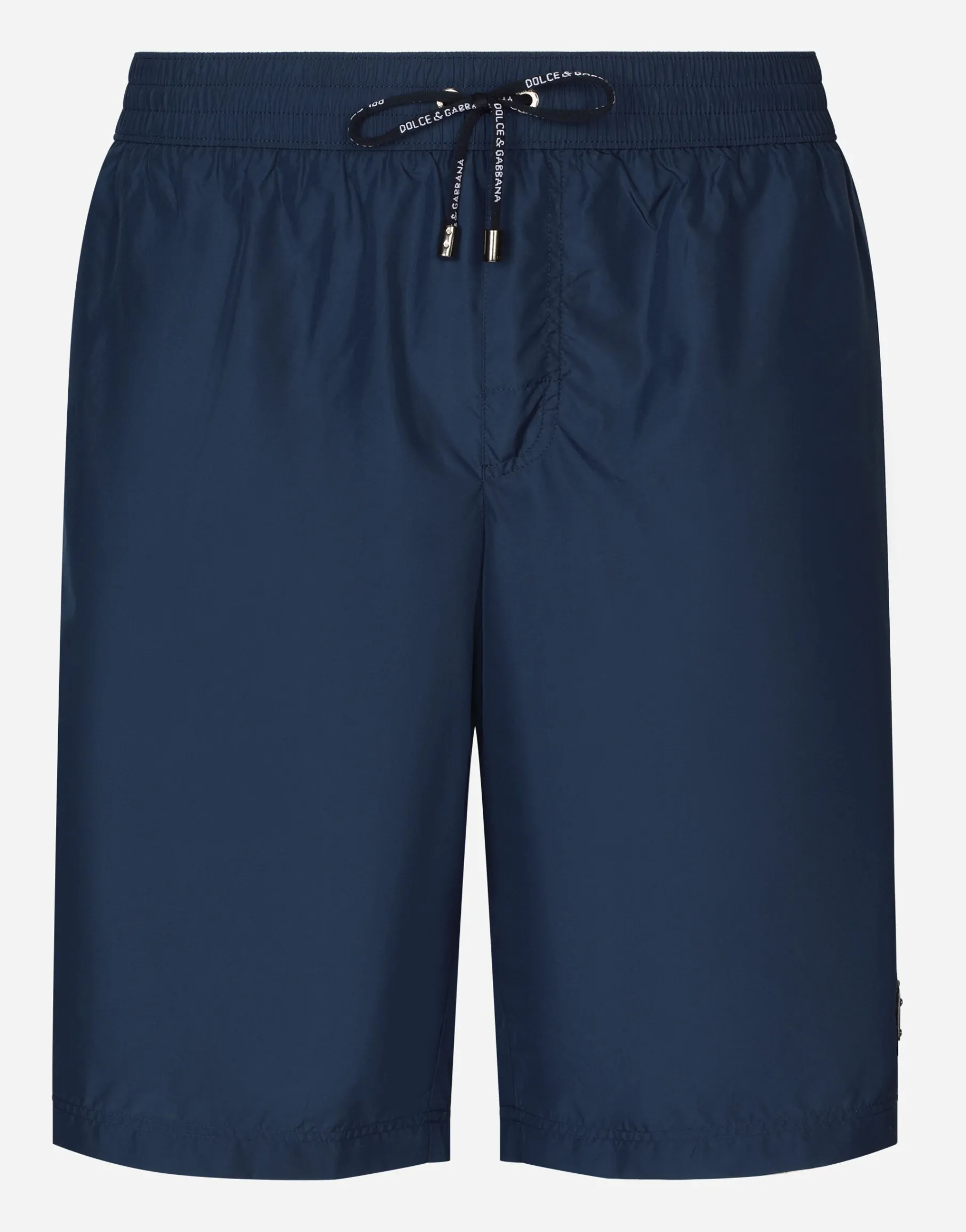 Mid-length swim trunks with branded plate