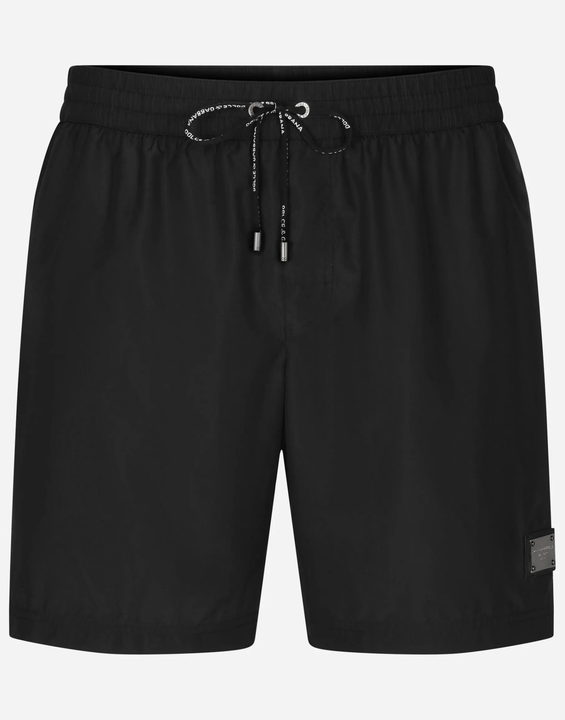 Mid-length swim trunks with branded plate