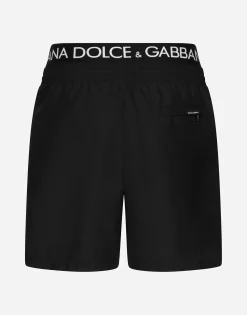 Mid-length swim trunks with branded band