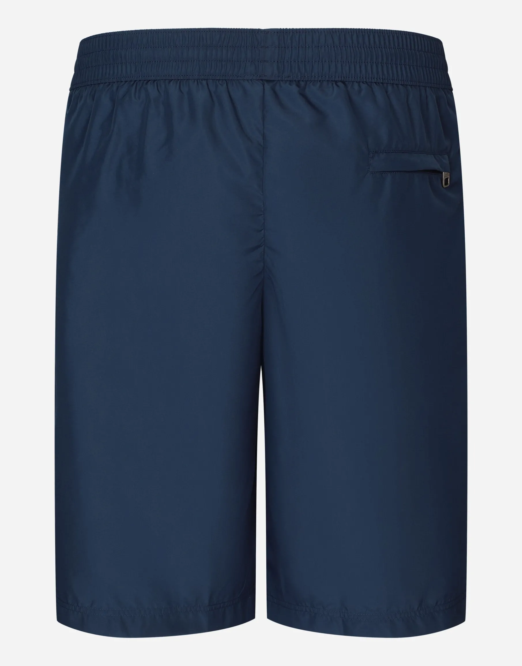 Mid-length swim trunks with branded plate