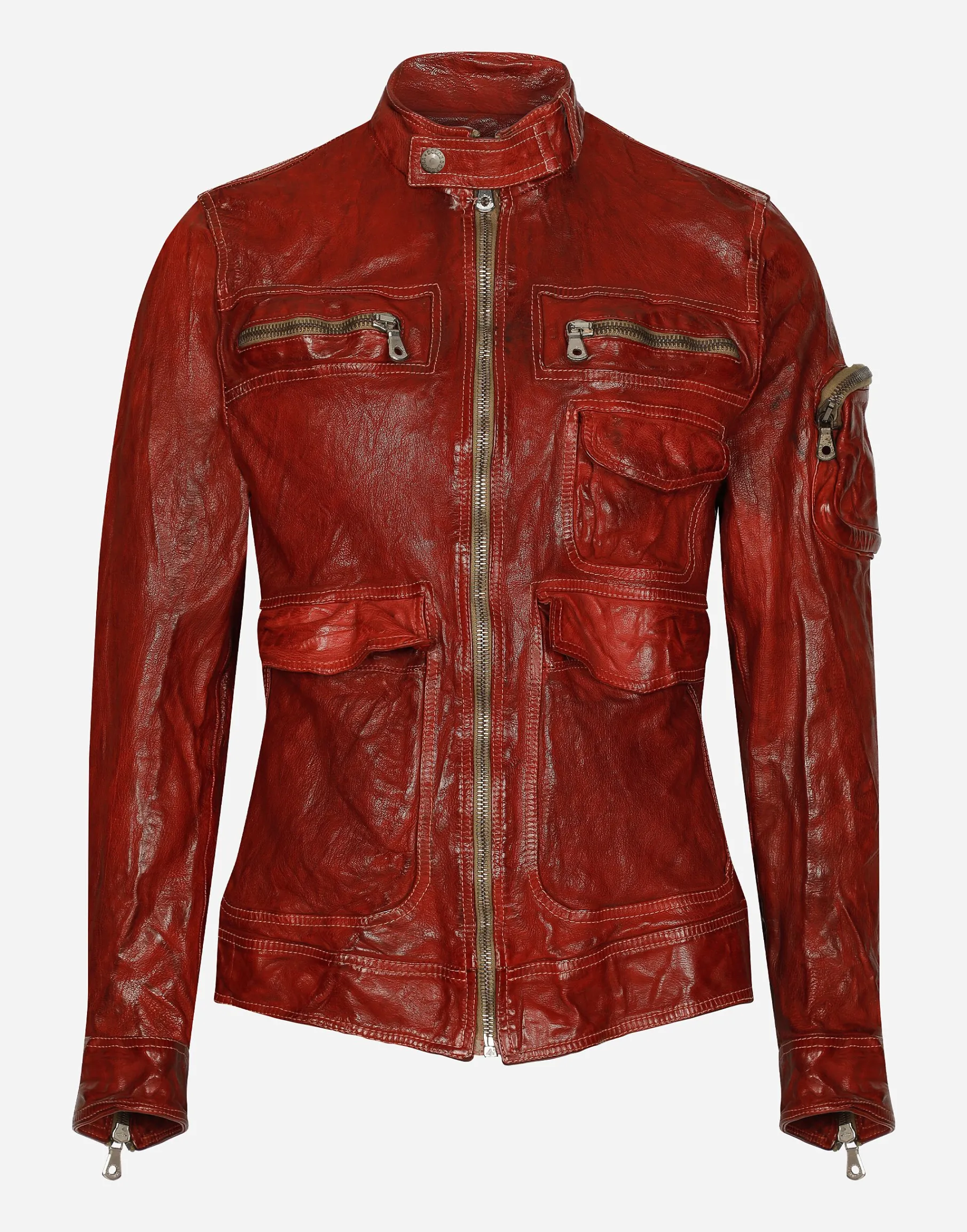 Multi-pocket washed leather jacket