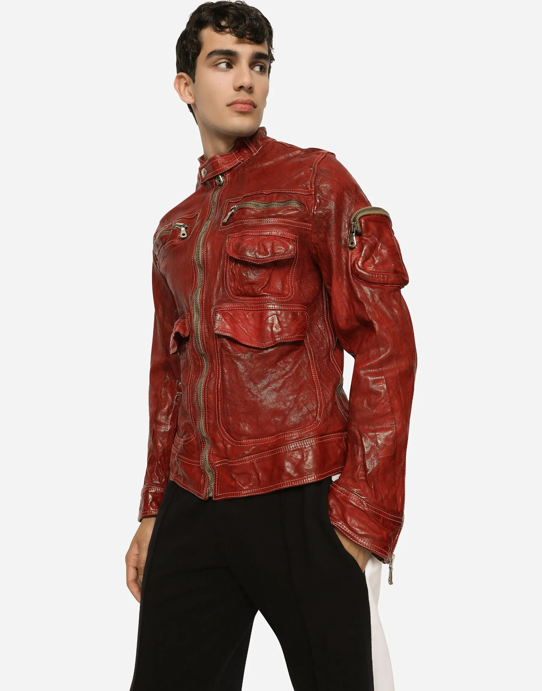 Multi-pocket washed leather jacket